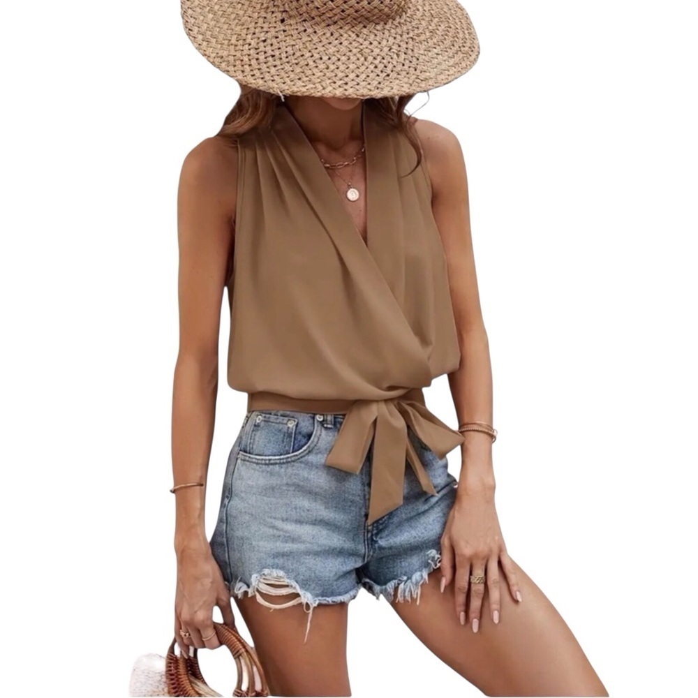 Women’s Blouse Sleeveless Solid Surplice Neck W/Bow Khaki Size-XL NWT